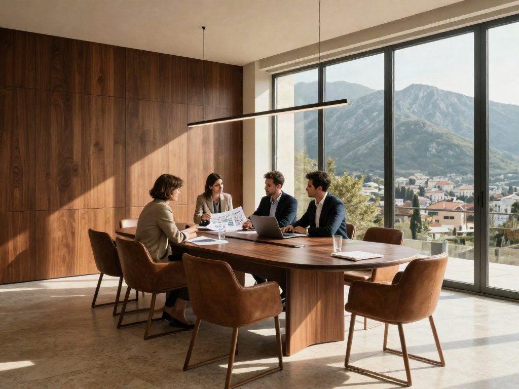 A collaborative strategy session around a walnut conference table in a warm, sunlit office